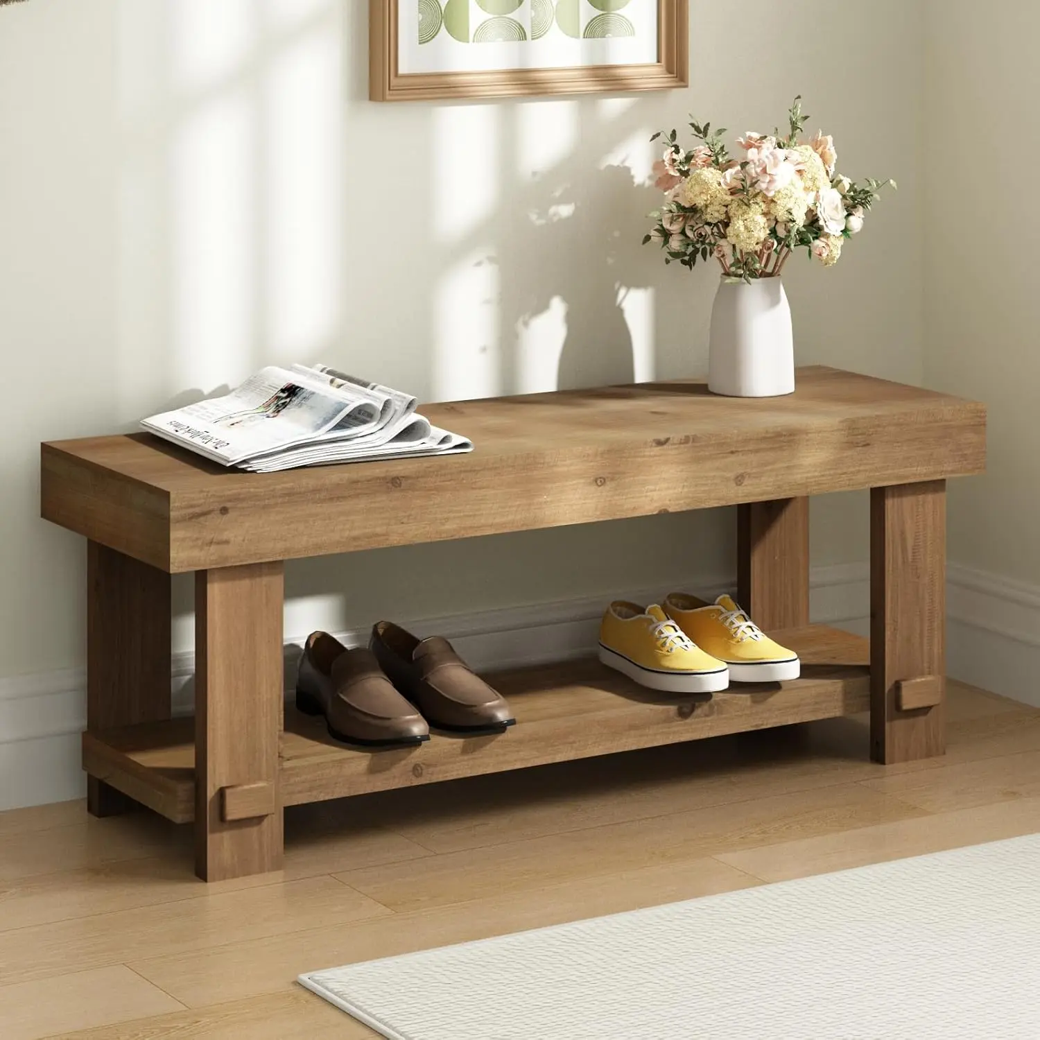 PieDle Furniture Solid Wood Bench - Farmhouse Entryway Bench, Narrow End of Bed Storage Benches Seat for Indoor, Entryway, Dining Room, Living Room, Bedroom and Hallway