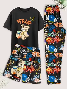 Men's Casual Home Wear Pajama 3-Piece Set with Bear & Letter Prints, Comfortable Lounge for Daily Use, Stylish Men's Clothing Collection