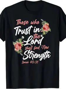 Faith T-Shirt with Verse Isaiah 40 31 (Psalm 23 4) - Pink Cursive Scripture & Floral Cross Design - Comfortable Casual Religious Apparel for Church Study - Inspirational Gift for Believers