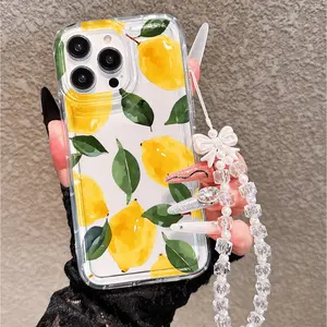 Lemon Leaf Design Bow Tie Strap Lanyard Transparent Tpu Phone Case, Anti-Drop Thickened Cover for iPhone 11/12/13/14/15/16/17 Pro Max