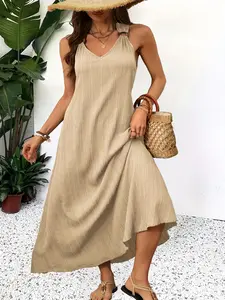 Elegant V Neck Sleeveless Beach Dress, Wooden Ring Design A-Line Skirt, Summer Casual Loose Fit, Wedding Party Bohemian Style