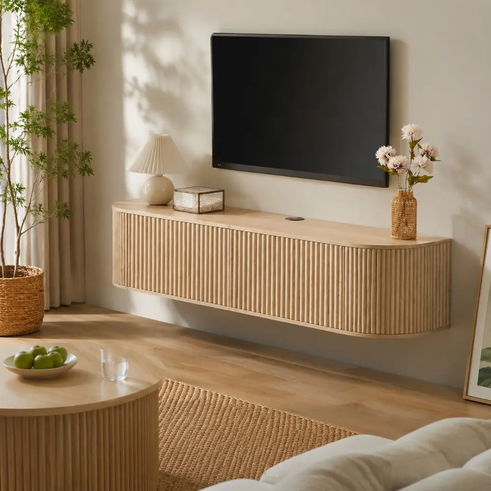 Littleox 55" Wall Mounted Floating TV Cabinet with Fluted Doors, Large Capacity Media Console with Cable Management Holes for Living Room Bedroom, Compatible with Various Home Styles,Naturaal