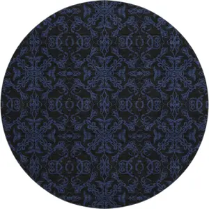 HomeRoots 665191 8 ft. Blue & Charcoal Medallion Transitional Washable Round Area Rug with UV Protection