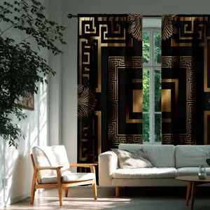Luxurious Gold Greek Key Curtains, Window Curtain, Classical Geometric Style, Light Blocking Decorative Fabric, Home Decoration, Durable, Eco-Friendly