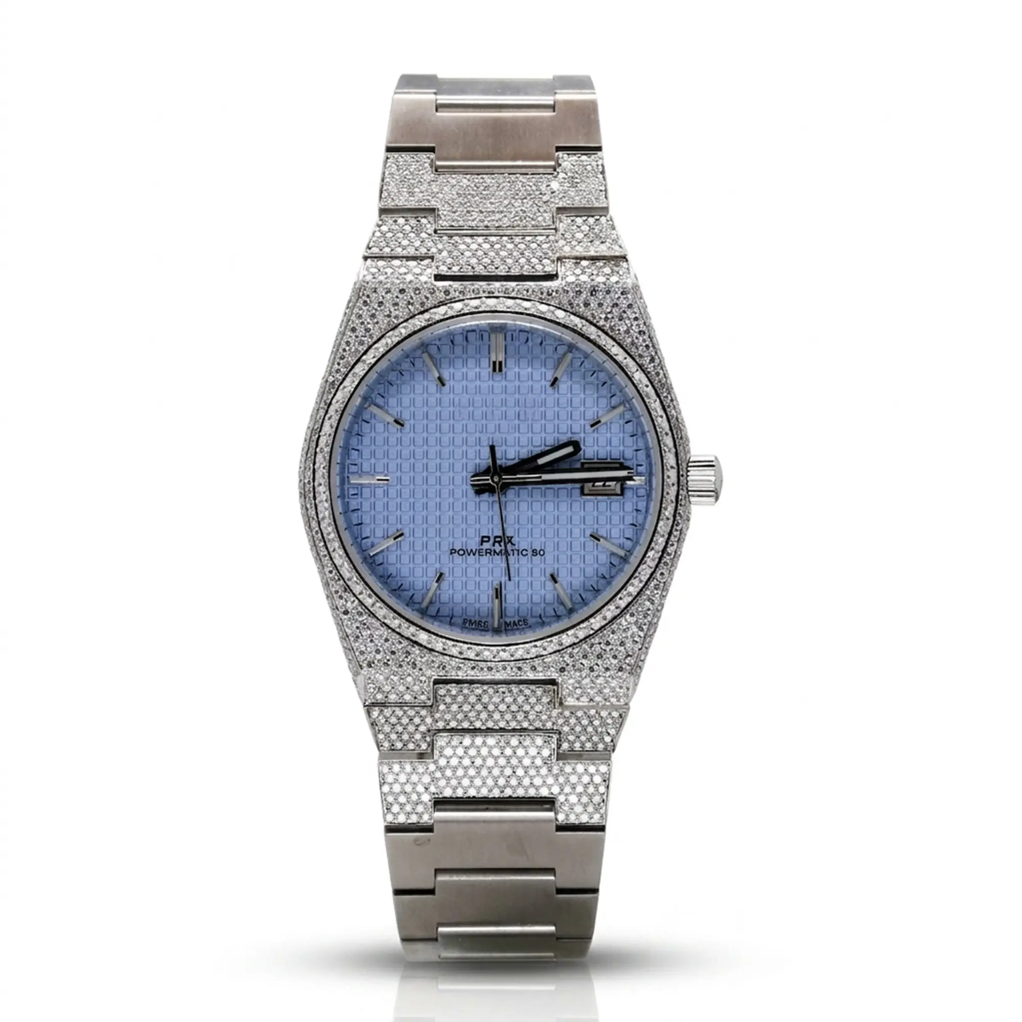 Men's 40mm Round Face Hip Hop Luxury PRX Style Quartz Watch - Ice Blue Waffle Grid Dial, 3.63 CT Pave Moissanite Stones, Full Crystal Bezel, Stainless Steel Diamond-Look Bracelet, Silver Baton Hour Markers, for Parties, Fully Iced Out