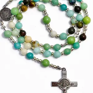 Multicolor Amazonite Beaded Catholic Rosary with Saint Benedict Crucifix, Green and Teal Stone Beads, Silver Tone Cross