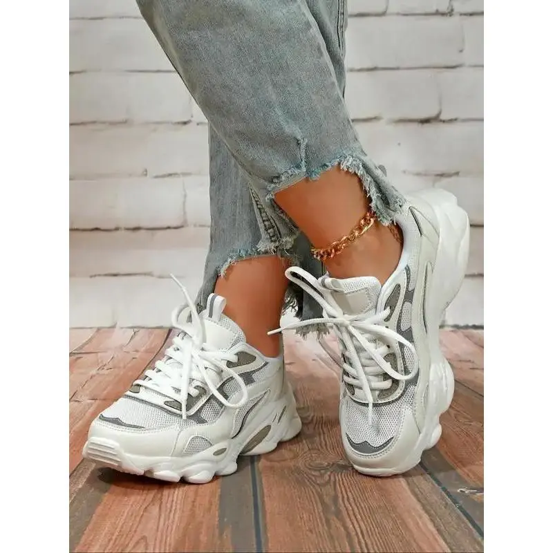 Women's Chunky Toe Lace-Up Low-Top Sneakers - Breathable Sole Running Shoes, Fashionable Random Pattern Casual Daily Wear All-Match Round Toe Shoes, Female