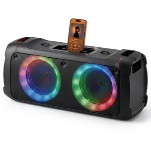 Dual 6.5" Portable Wireless Speaker, Outdoor Party Speaker with Built-In Phone Holder, Rechargeable Bluetooth Loudspeaker with LED Circle Lights, TWS Ready