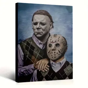 1pc Framed 2D Flat Canvas Painting Michael Myers and Jason Voorhees Horror Movie Icons, Perfect for Home Decor, Living Room, Bedroom, Office, Game Room, and for Man Cave Wall Art
