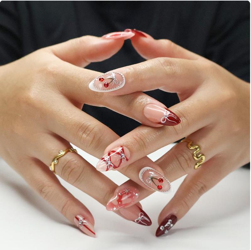 Press On Nails Cherry Charm with Silver Bows | 3D Pearl & Heart Nail Art in Medium Almond | Handmade Elegant Nail Art for Holiday, Birthday