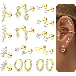 YADOCA Flat Back Earrings for Women Cartilage Earrings Stacks-20G Surgical Stainless Steel Flatback Stud Hoop Earring Set Daith Conch Tragus Helix Piercing Jewelry