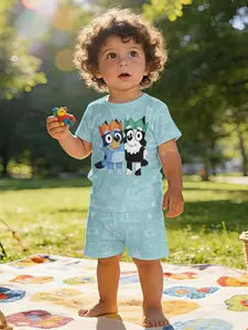 Cute Crown Bluey & Bingo Line Printed Infant Short Sleeve Set, Baby Casual Children's Clothing, T-Shirt Suitable for Daily and Outdoor Sports, 100% Polyester, Perfect Gift for Infants!