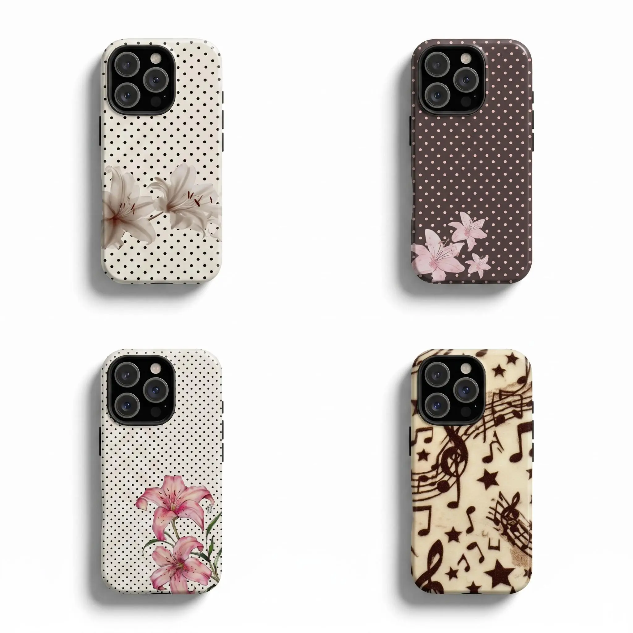 Lily Floral Polka Dot Flowers Protective Smartphone Case with Screen Protector - Vintage Aesthetic Gift for Her, Fits iPhone 11-17 Pro Max, Samsung Galaxy S21-S26