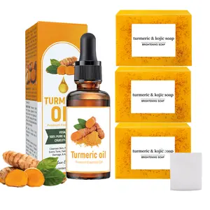 9pcs Turmeric Essence Bath Set With 6 Turmeric Soaps, 1 Bottle Of Premium Turmeric Essence, 2 Nets With Natural Turmeric Lemon And Vitamin E For Face And Body Cleansing Treatment, Deep Cleansing And Moisturizing, Nourishing Face And Body