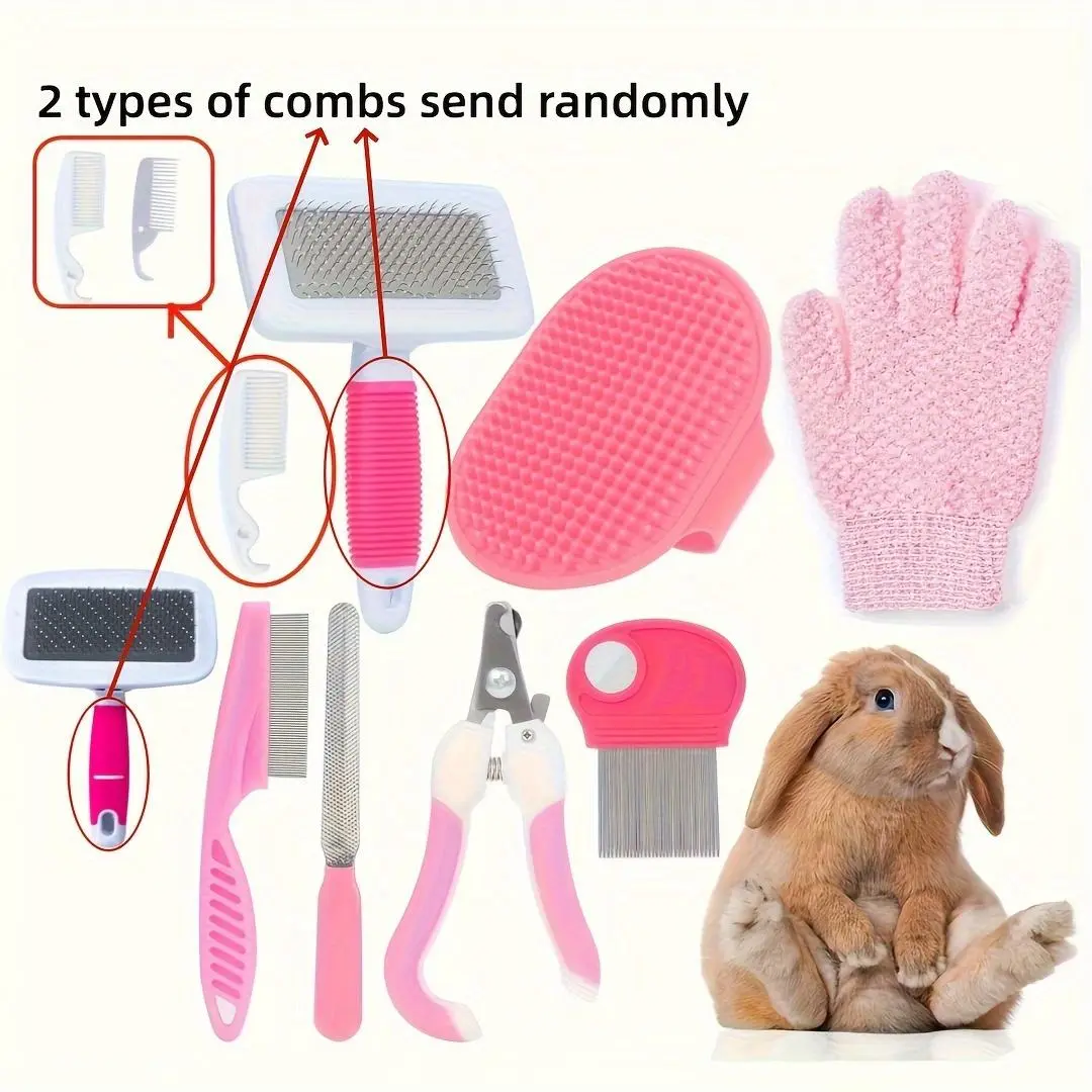 8pcs  Animal  Grooming Kit - Rabbit Grooming Set with Pet Nail Clippers and File, Flea Comb, Pet Shampoo, Bath Brush, Pet Shedding Rake Brush, Bath Massage Glove, and Cleaning Comb