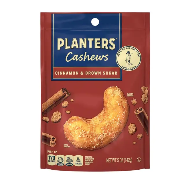 PLANTERS Cinnamon & Brown Sugar Cashews, Plant Based Protein, 5 Oz (1 Ct) | Whole flavored cashews, Snacks for adults, Plant-based protein snack pack, Resealable bag