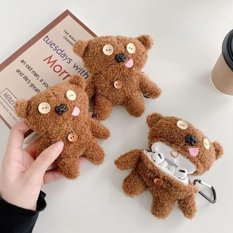 Cute Fluffy Button Bear AirPods Case, Soft Plush Anti-Drop Shockproof Protective Cover Fit Apple AirPods 1/2/3/4/Pro/Pro 2