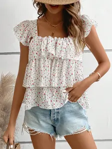 Summer Vacation Loose Shirt with Ditsy Small Flowers, Square Neck Short Sleeves, Multi-Layer Ruffles, Fresh Floral Print, Casual Top Blouse