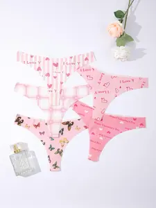 Women's Plain ＆ Butterfly & Heart ＆ Letter ＆ Floral Print Seamless Thong, Soft Comfy Breathable Panty for Daily Wear, Women's Underwear for All Seasons Valentine's Day, gift