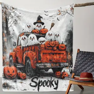 Vintage Halloween Flannel Throw Blanket with Truck and Ghosts Print, Soft Cozy Warm Comfort for Couch Sofa Bed Office Travel, All-Season Digital Printed Polyester Knit, Spooky Pumpkin Design