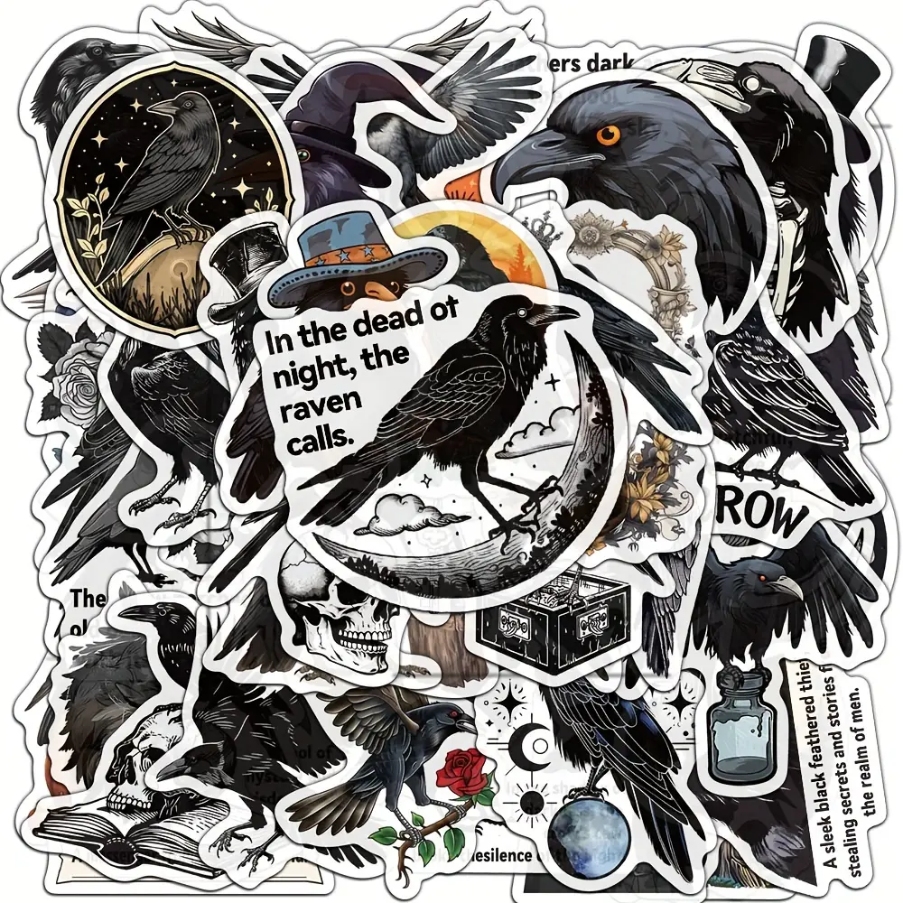 50 Pcs Crow Stickers Set, Decorative Stickers, PVC Waterproof Stickers, DIY Notebook Diary Computer Water Cup Graffiti Decals, Waterproof Adhesive for Guitar Helmet Christmas Gift, Decoration Sticker