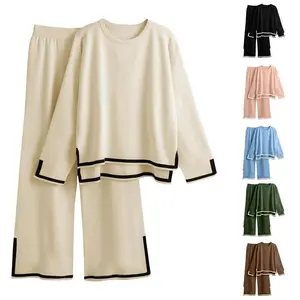 2025TwoPieceSetSolidColorWinterLooseLongSleeveKnitwearFlarePantsSetsCasualSuitsKnittedWomen'sTrousersSuit