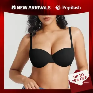 Popilush Women's Stitched Multi‑Way Wear No Underwire Push Up Non‑Slip Shaping Bandeau Invisible Support Deep V Everyday Comfort T‑Shirt Bra