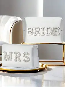 Bride Mrs Pearl Letter Makeup Bag, Travel Cosmetic Organizer, Wedding Zipper Handbag, Large Capacity, All Seasons, Casual Style, Cosmetics Organizer