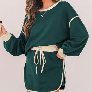 Women's 2pc Color Contrast Loose Pullover and Lace-up Waist Skirt Set Casual Womenset