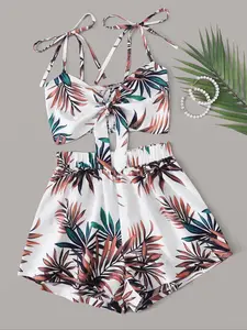 Women's 2 Counts Plants Print Tie Front Crop Cami Top & High Waist Shorts Set, Summer Clothes Women, Boho Sleeveless Shirred Tie Shoulder Cropped Top & Elastic Waist Shorts Set for Summer, Beach Holiday Vacation Outfits Clothes Set for Ladies