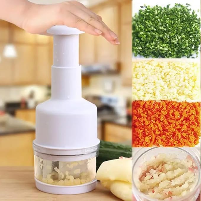Manual Vegetable & Food Chopper – Handheld Onion, Garlic, Nut & Veggie Cutter, Easy Push-Press, Dishwasher Safe, White