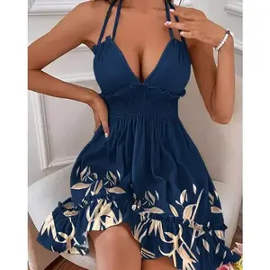 Vintage-Inspired Denim Print Dress – Sleeveless Halter Design, Wrinkle-Resistant for Travel & Holidays