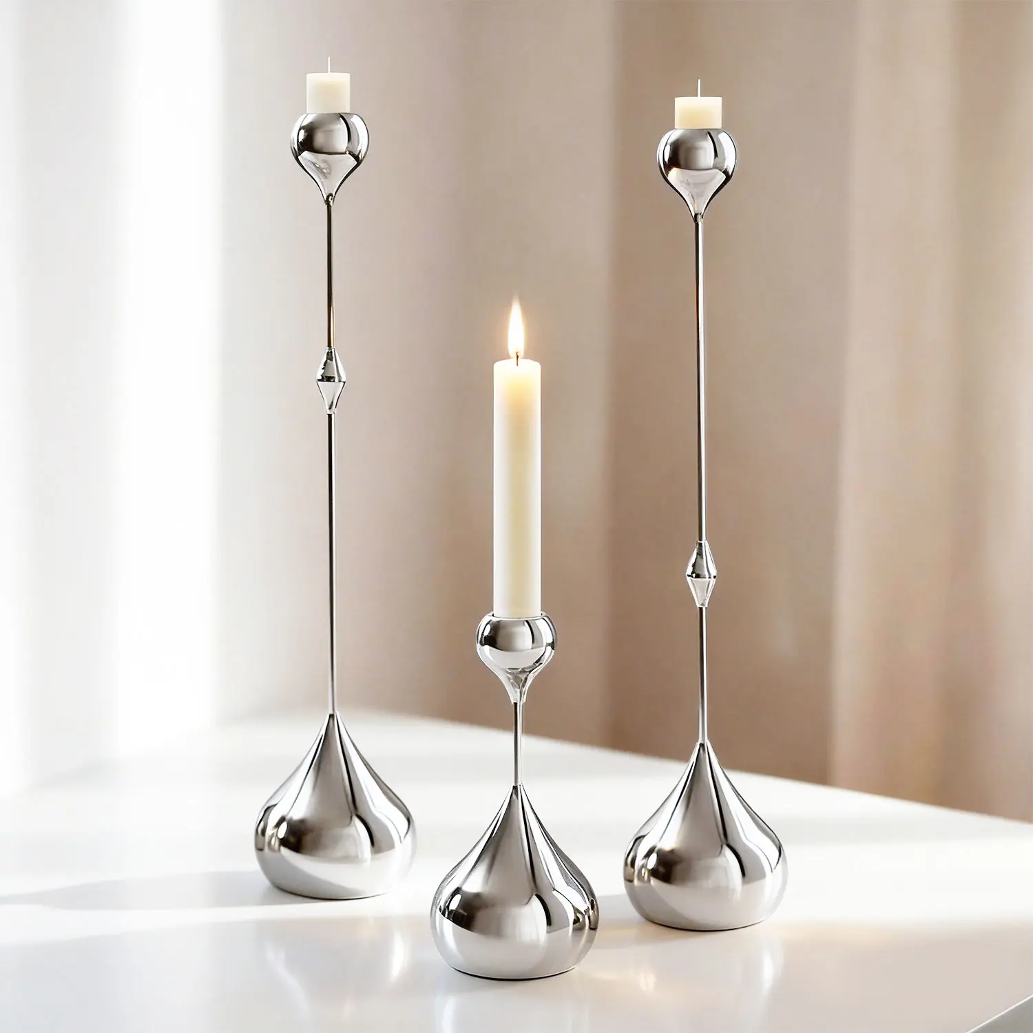 Modern Teardrop Metal Candle Holders Set of 3, Gold/Silver Candlestick Stand, Elegant Table Centerpiece for Wedding Birthday Party Home Dinner Romantic Decor