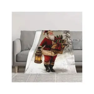 Festive Vintage Santa Claus Christmas Throw Blanket with Gifts and Lantern