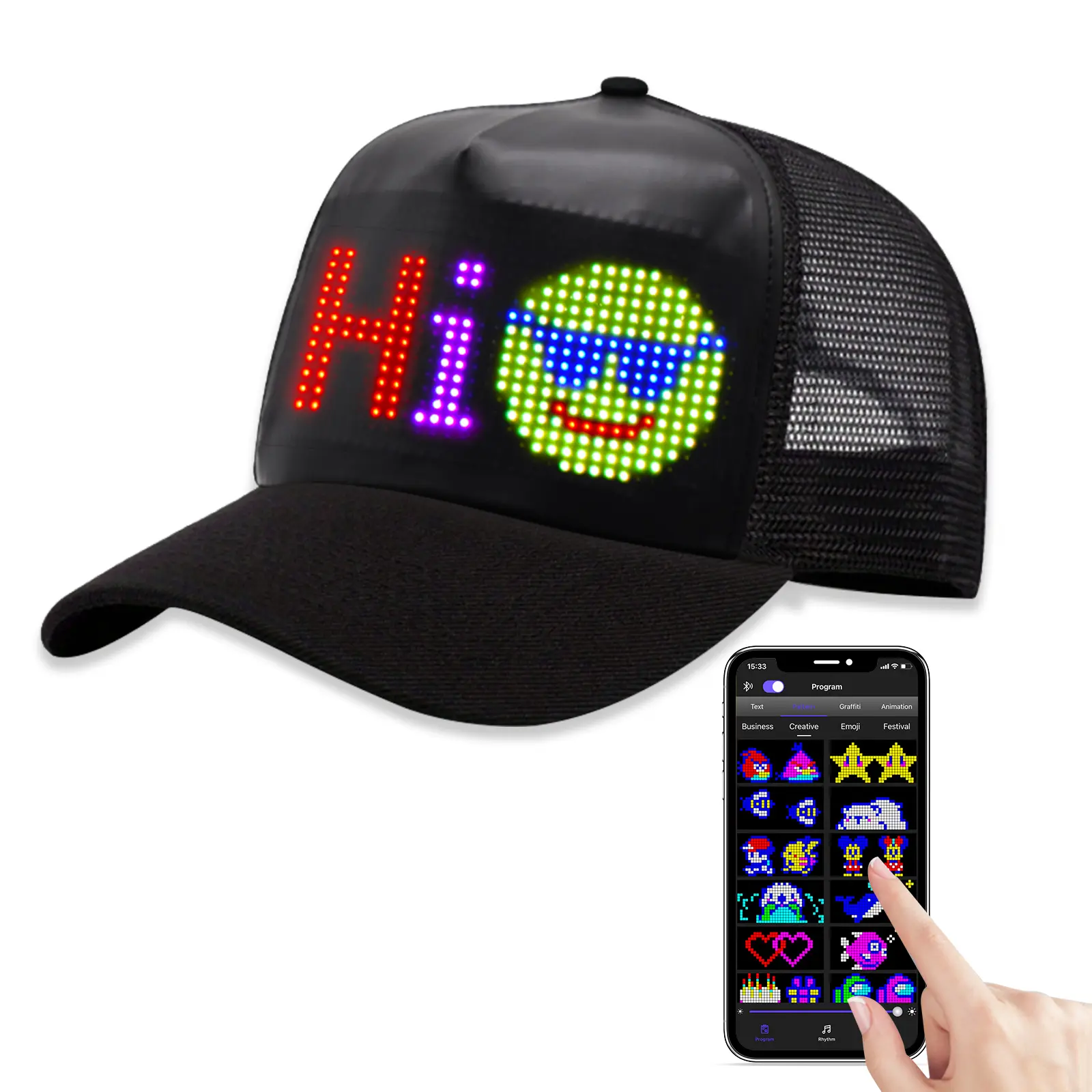 Bluetooth LED Smart Hat, App Control Custom Text, Patterns & Animations for Parties, Concerts & Festivals