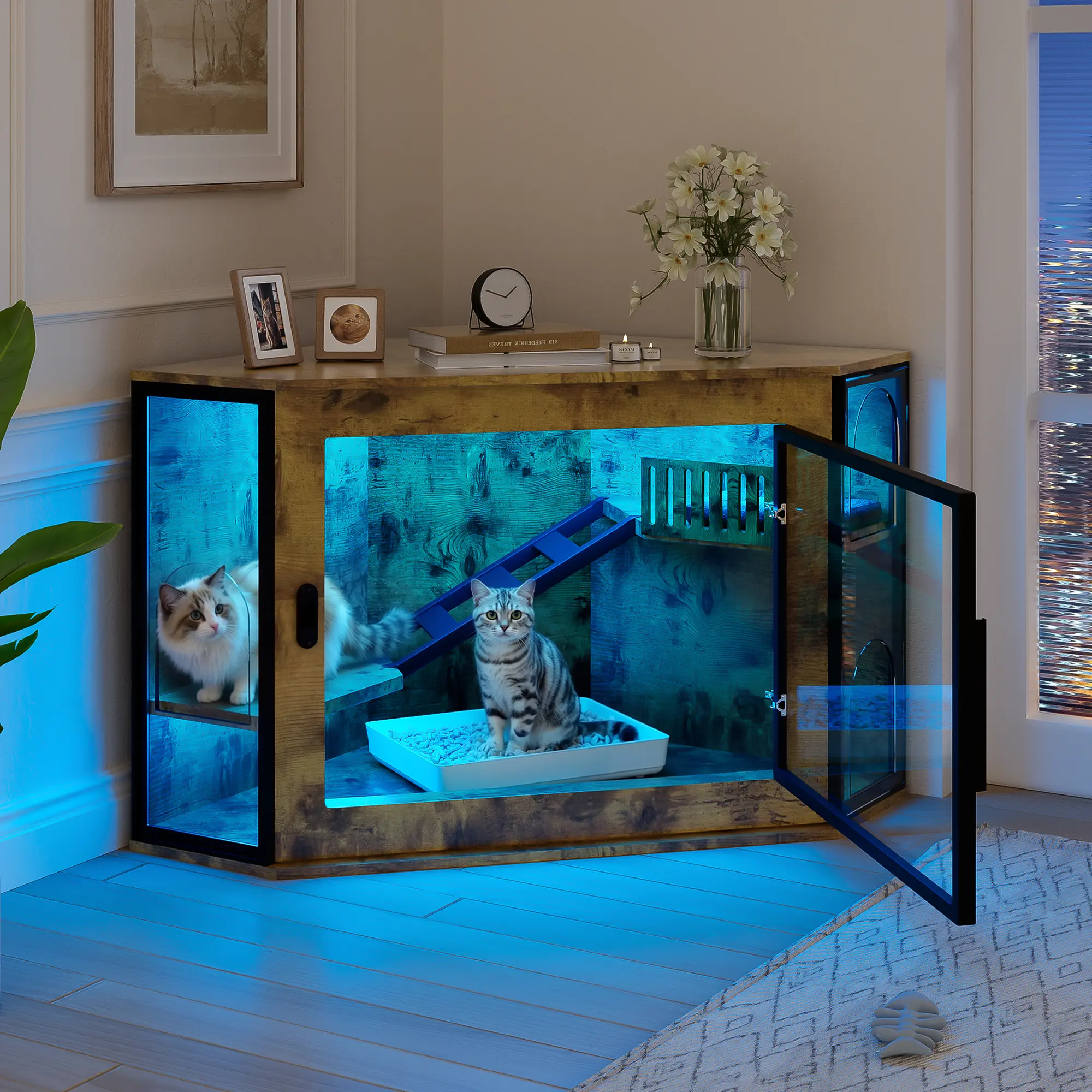 48" Corner Cat Litter Box Enclosure, Modern Hidden Cat Cabinet with Acrylic Door & LED Light, Cat House with Playground & Stairs for Indoor Use