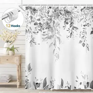 Gray Eucalyptus Fabric Shower Curtain, Watercolor Floral Pattern with Hooks, 72" x 72"