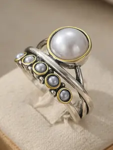 Unique Vintage Simulated Pearl Ring for Women 3 Layer Interlocked Ring Wedding Band Statement Multi Ring Cocktail Index Finger Rings Engagement Party Jewelry Valentine's Day Gift Fashion Rings