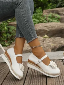 Women's Floral Thick Sole Mary Jane Shoes, One-Strap Woven Wedge Single Shoe, High-Quality Lolita Style Women's Footwear