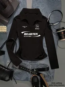 Gothic Y2K Casual Polo Sweater, Geometric Design, Slim-Fitting Long Sleeve, Fall & Winter Heavyweight Knitwear, Inner Layer Top