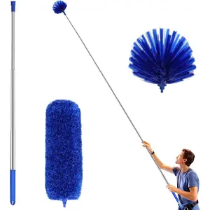 Cobweb Duster with Extension Pole, Washable Cleaning Duster Kit with 2 Duster Heads, Cobweb Duster, Corner Brush,  Telescoping Pole for Ceiling Fan (Blue)