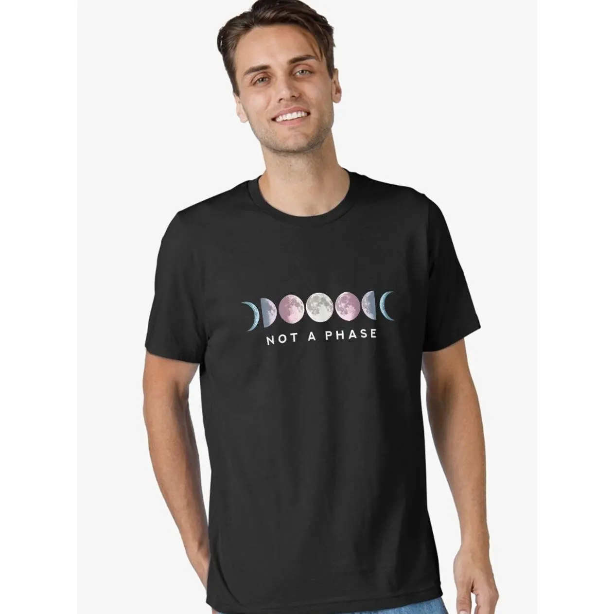 Women's Fitted Soft Cotton Round Neck Short-Sleeve Graphic T-Shirt - "Not a Phase Moon" LGBT Trans Pride Transgender Essential Top, Streetwear, IFZ, Tshirt