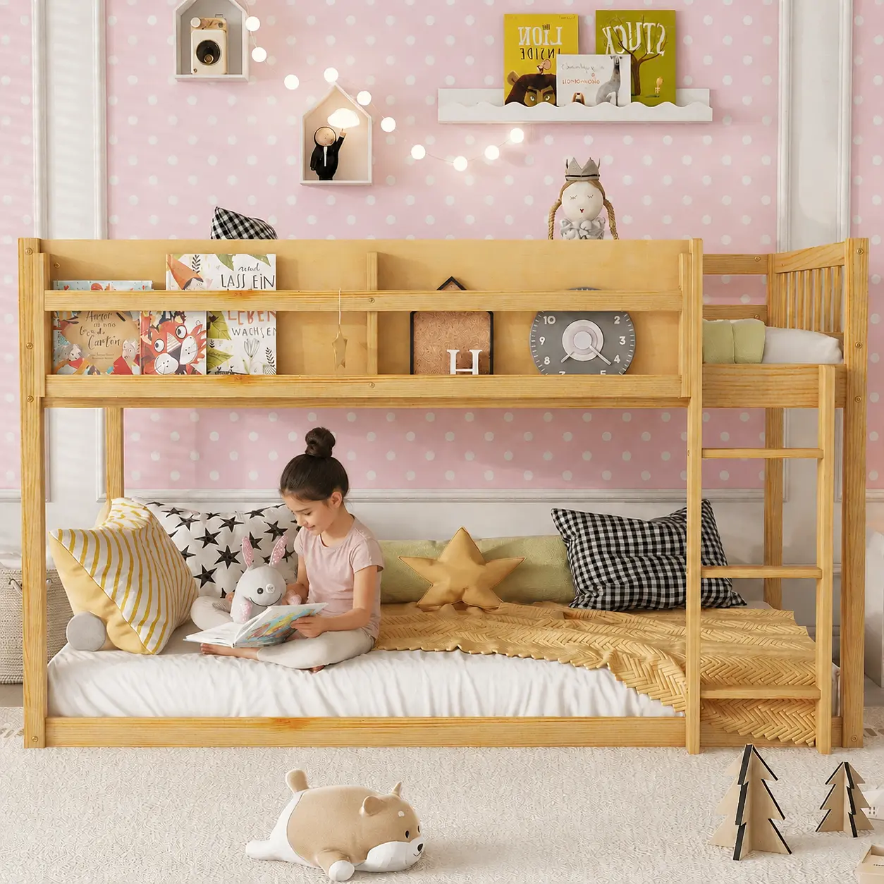 Low Twin Over Twin Bunk Bed, Floor Bunk Bed with Ladder, Solid Wood Twin Bunk Bed for Kids & Juniors