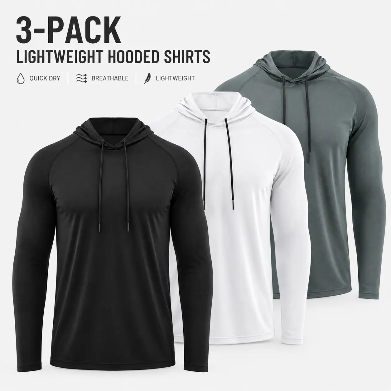 Male 3-Pack Smooth Thermal Lightweight Long Sleeve Athletic Pullover Hoodies, Drawstring-Equipped Gym & Running Tops for Casual Wear, M, 3-Pack Men's Long Sleeve Athletic Pullover Hoodies, Slim-Fitting, Quick-Dry, All Seasons, Basic, Breathable, Athletic
