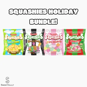 SQUASHIES HOLIDAY 4 PACK (Easter Orange and Pineapple, Halloween Skeletons, Valentines Love Hearts, Christmas Naughty and Nice) Swizzles Smarties