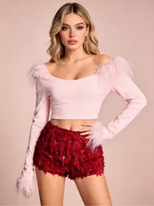 Women's Feather Sequin Mini Shorts Bottoms, Party Holiday Wine Party Vacation Casual Christmas Valentine's Day Music Festival Multi-Occasion Wear