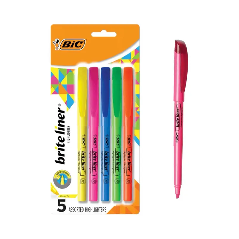 BIC Brite Liner Highlighters - 5 Assorted Colors, 0.8mm Tip, Ideal for Highlighting and Marking Pens