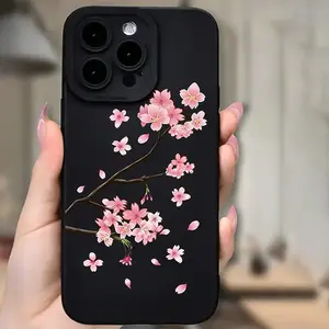 A black and red cherry blossom patterned TPU shockproof case with precise cutouts, full protection, suitable for iPhone 17/16/15/14/13/12/11/X/XS/Xs Max/12.13 Mini/16E, a holiday gift for friends, family, and yourself.