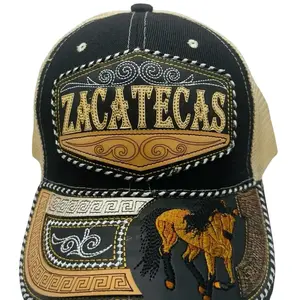 Gorra Charra Con Nombre de Estado de Zacatecas - Black Hat with Embroidered Design and Gold Horse Detail