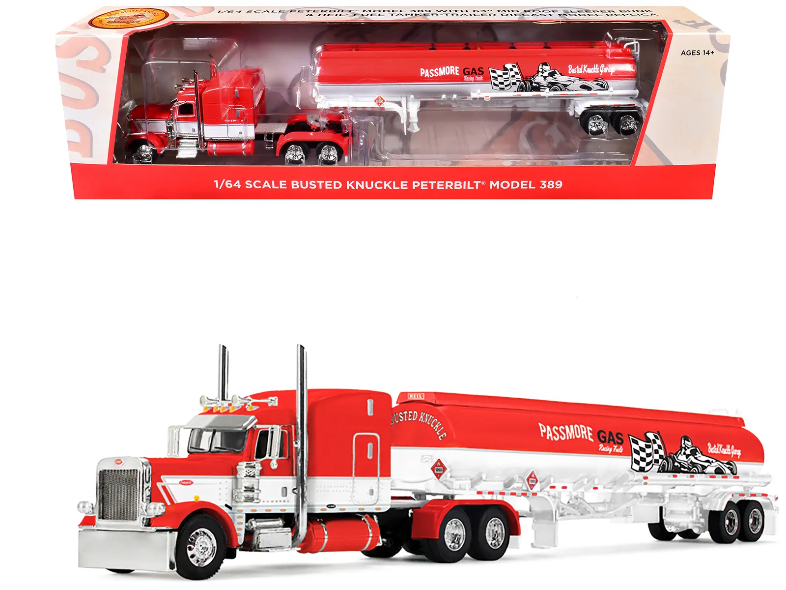 Peterbilt 389 with 63" Mid-Roof Sleeper & Heil Fuel Tank Trailer Red and White 1/64 Diecast Model by First Gear